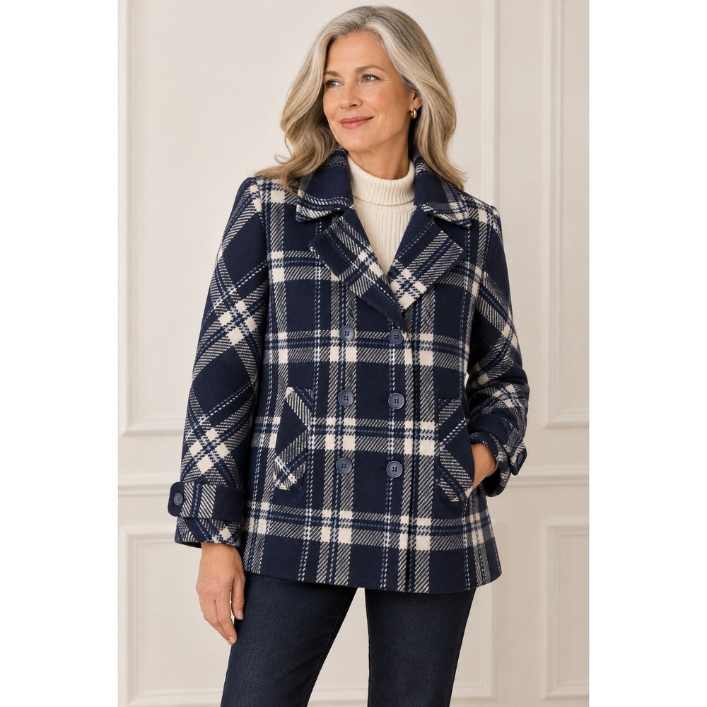 Talbots Womens Navy Blue Plaid Double Breasted Pea Coat Jacket Size 14